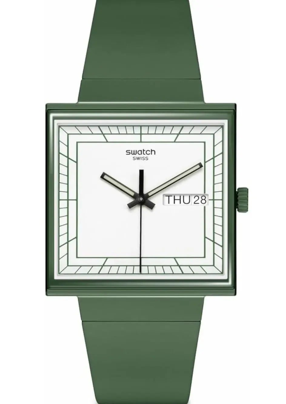SWATCH Watch WHAT IF? Green Bioceramic Square Swiss Day Date Working w/ Box